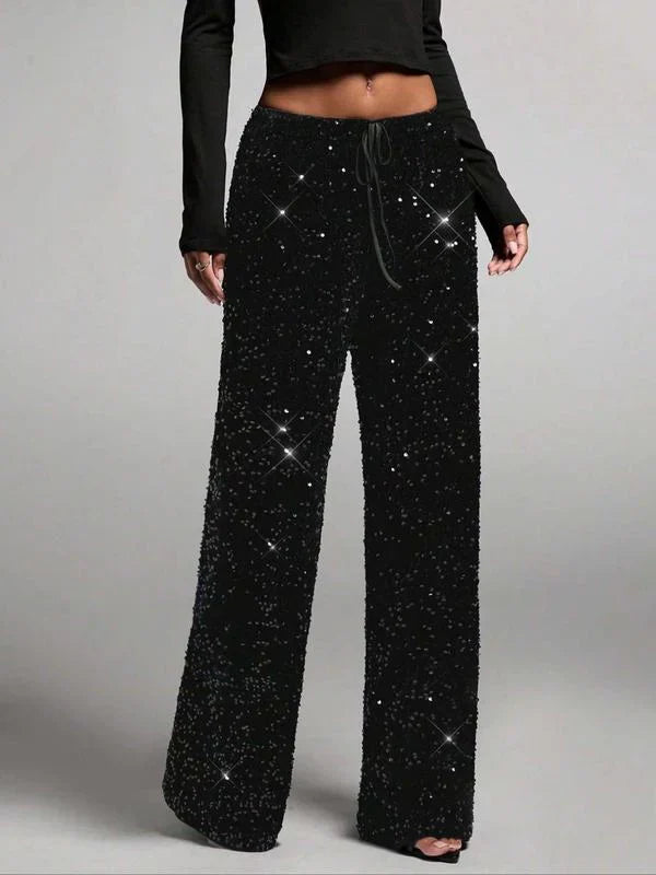 💖Damenhose mit Pailletten und weitem Bein, elastischem Bund
