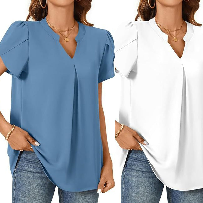 Damen V-Ausschnitt Uni Top mit kurzen Ärmeln