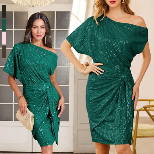 💃Letzter Tag des Schlussverkaufs – 50 % RABATT🎉Funkelndes Kleid mit Rüschen und einem Schulterteil