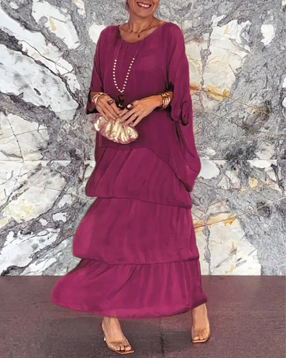 🌞Frühlingserwachen: 50% Rabatt!🎨 Künstlerisches Handgefertigtes Maxikleid Damen: Lockere A-Linie mit 3/4-Ärmeln & Raffungen – Elegant-lässig für Urlaub & Alltag