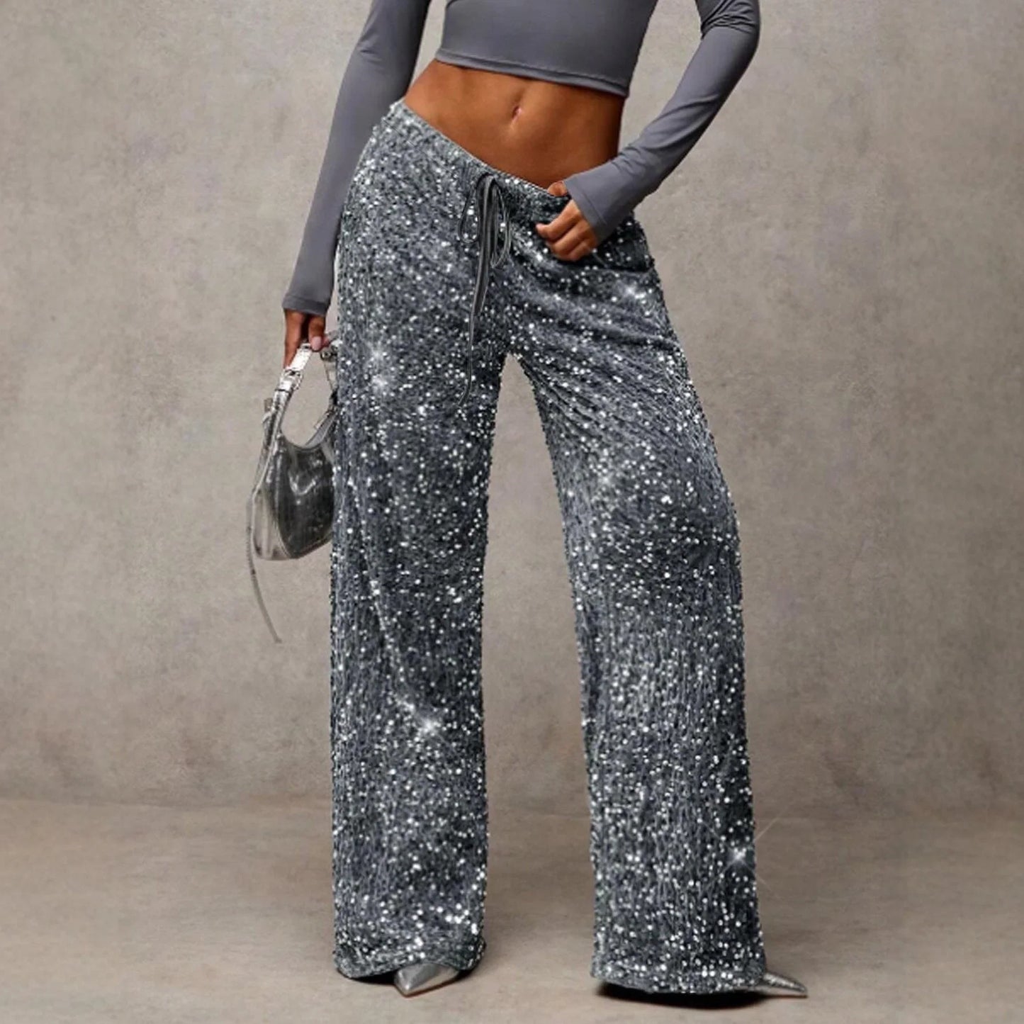 💖Damenhose mit Pailletten und weitem Bein, elastischem Bund
