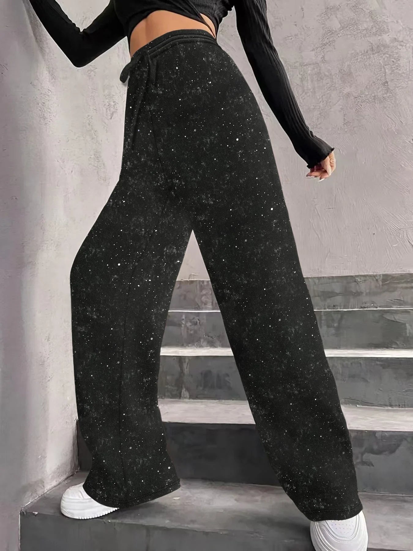 💖Damenhose mit Pailletten und weitem Bein, elastischem Bund