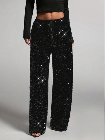 💖Damenhose mit Pailletten und weitem Bein, elastischem Bund