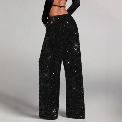 💖Damenhose mit Pailletten und weitem Bein, elastischem Bund