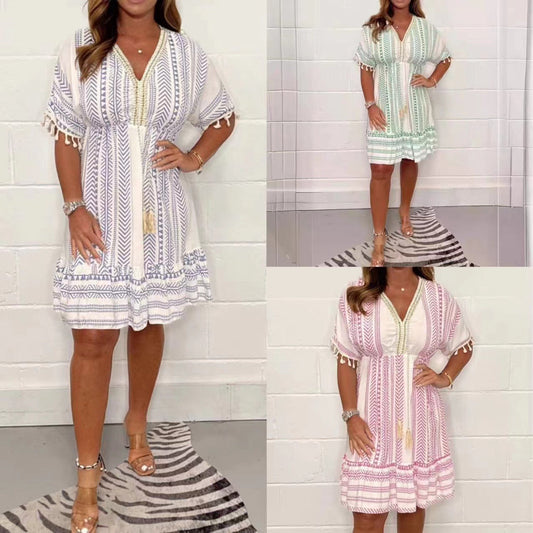 🏖️Willkommen im Sommer-49% Rabatt🏝️Lässig bedrucktes Kleid mit V-Ausschnitt