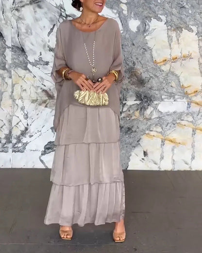 🌞Frühlingserwachen: 50% Rabatt!🎨 Künstlerisches Handgefertigtes Maxikleid Damen: Lockere A-Linie mit 3/4-Ärmeln & Raffungen – Elegant-lässig für Urlaub & Alltag