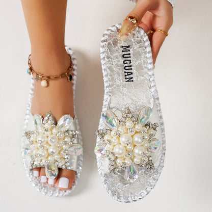 Damen-Pantoletten mit Perlen- und Strass-Verzierung