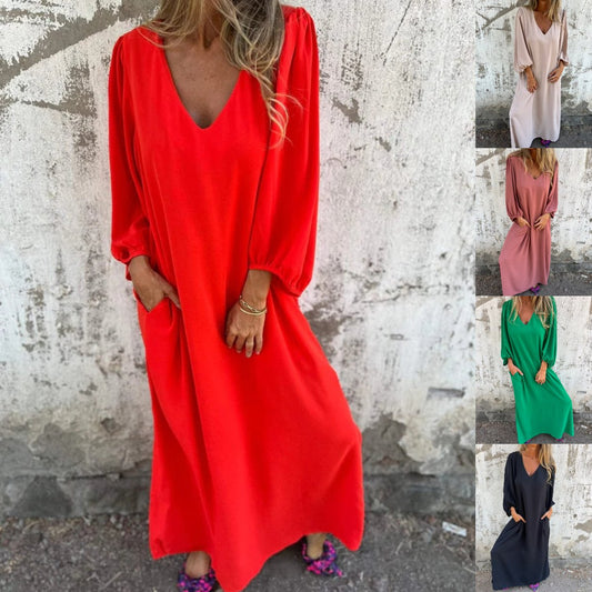 🔥Ladenverkauf - 23€ Rabatt🔥V-Ausschnitt Volltonfarbe Laternenärmel Kleid