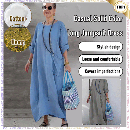 🔥 Frühling 2025 Verkauf - 49% off✨Baumwolle Leinen Casual Solide Farbe Taschen Rundhalsausschnitt Lang Jumpsuit