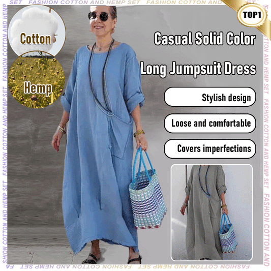 🔥 Frühling 2025 Verkauf - 49% off✨Baumwolle Leinen Casual Solide Farbe Taschen Rundhalsausschnitt Lang Jumpsuit