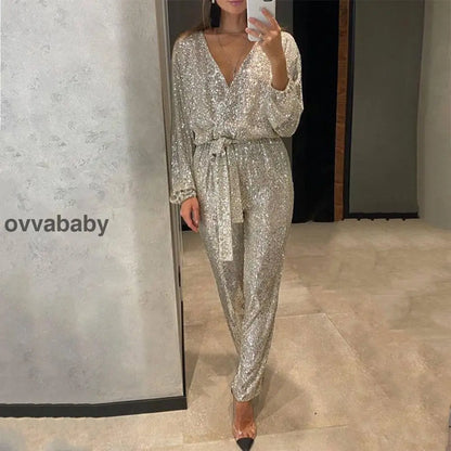 🌟💄Glitzernde Damen Jumpsuits mit V-Ausschnitt und Gürtel