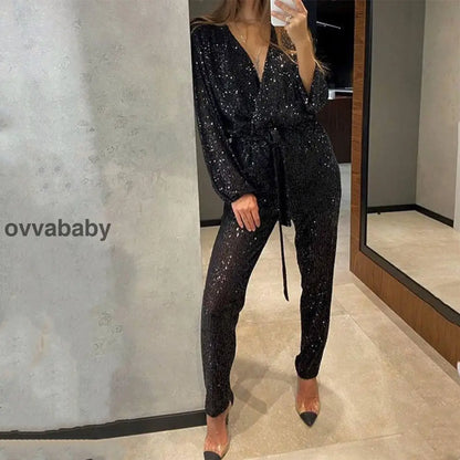 🌟💄Glitzernde Damen Jumpsuits mit V-Ausschnitt und Gürtel