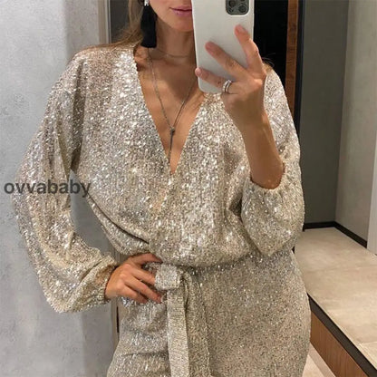 🌟💄Glitzernde Damen Jumpsuits mit V-Ausschnitt und Gürtel
