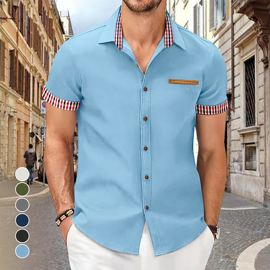 💥Jubiläumsshop Feier - 50% Rabatt💥Kurzärmeliges Herrenhemd mit kariertem Aufschlag im Vintage-Stil