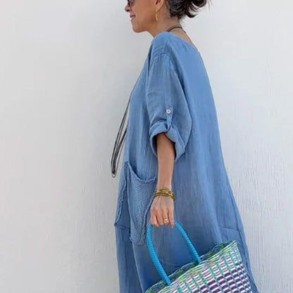 🔥 Frühling 2025 Verkauf - 49% off✨Baumwolle Leinen Casual Solide Farbe Taschen Rundhalsausschnitt Lang Jumpsuit