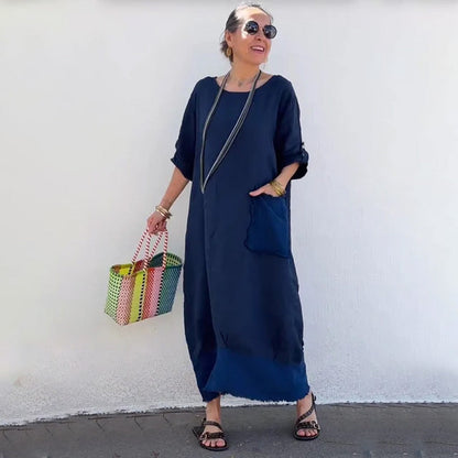 🔥 Frühling 2025 Verkauf - 49% off✨Baumwolle Leinen Casual Solide Farbe Taschen Rundhalsausschnitt Lang Jumpsuit