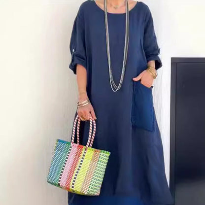 🔥 Frühling 2025 Verkauf - 49% off✨Baumwolle Leinen Casual Solide Farbe Taschen Rundhalsausschnitt Lang Jumpsuit