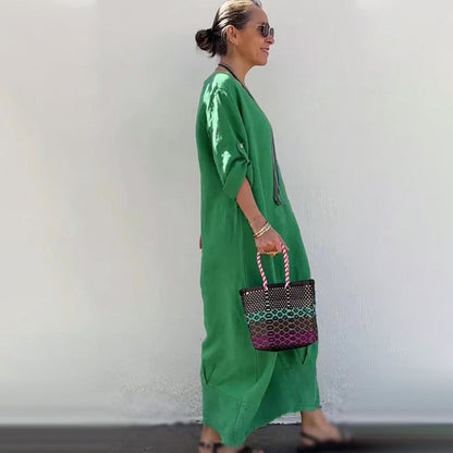 🔥 Frühling 2025 Verkauf - 49% off✨Baumwolle Leinen Casual Solide Farbe Taschen Rundhalsausschnitt Lang Jumpsuit