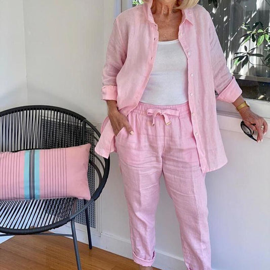 💐2025 Neue Produkte Verkauf - 49% Rabatt🔥✈️Set aus langärmliger Bluse und Hose aus Baumwollleinen für Damen🔥
