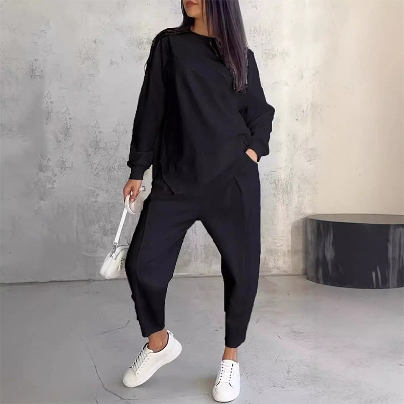 👖 Damen Langarm-Sweatshirt & Hose Set – Unregelmäßiger Saum, Weiches Material & Bequemer Oversized-Schnitt für Zuhause 🍂
