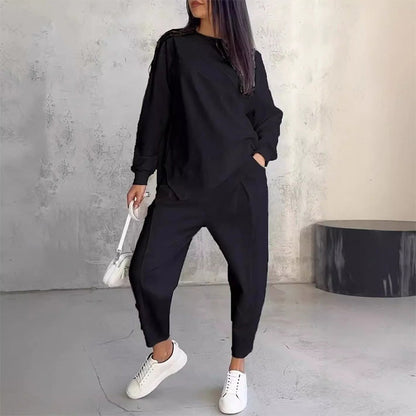 👖 Damen Langarm-Sweatshirt & Hose Set – Unregelmäßiger Saum, Weiches Material & Bequemer Oversized-Schnitt für Zuhause 🍂
