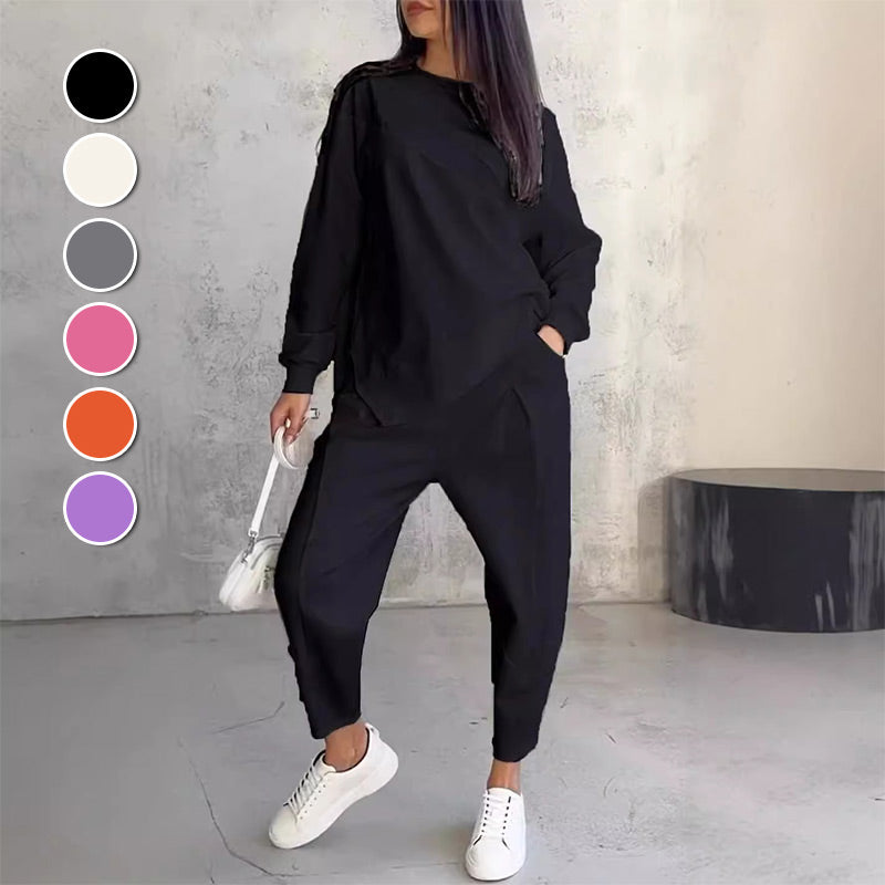👖 Damen Langarm-Sweatshirt & Hose Set – Unregelmäßiger Saum, Weiches Material & Bequemer Oversized-Schnitt für Zuhause 🍂