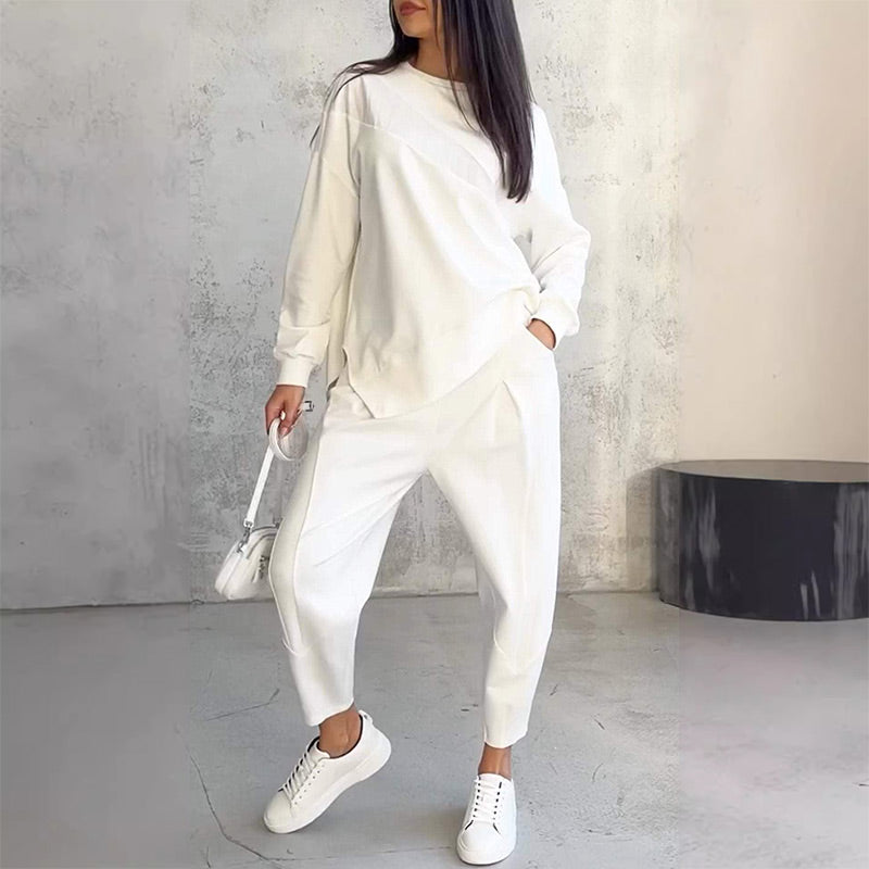 👖 Damen Langarm-Sweatshirt & Hose Set – Unregelmäßiger Saum, Weiches Material & Bequemer Oversized-Schnitt für Zuhause 🍂