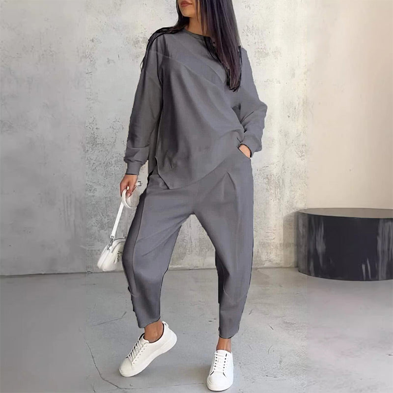 👖 Damen Langarm-Sweatshirt & Hose Set – Unregelmäßiger Saum, Weiches Material & Bequemer Oversized-Schnitt für Zuhause 🍂