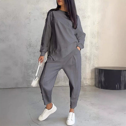 👖 Damen Langarm-Sweatshirt & Hose Set – Unregelmäßiger Saum, Weiches Material & Bequemer Oversized-Schnitt für Zuhause 🍂