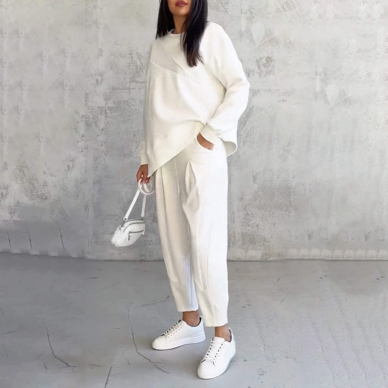 👖 Damen Langarm-Sweatshirt & Hose Set – Unregelmäßiger Saum, Weiches Material & Bequemer Oversized-Schnitt für Zuhause 🍂