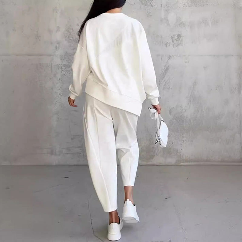 👖 Damen Langarm-Sweatshirt & Hose Set – Unregelmäßiger Saum, Weiches Material & Bequemer Oversized-Schnitt für Zuhause 🍂