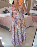 💃Sommer-Hot-Sale 57% Rabatt - Lässiges langes Kleid mit Blumendruck und V-Ausschnitt