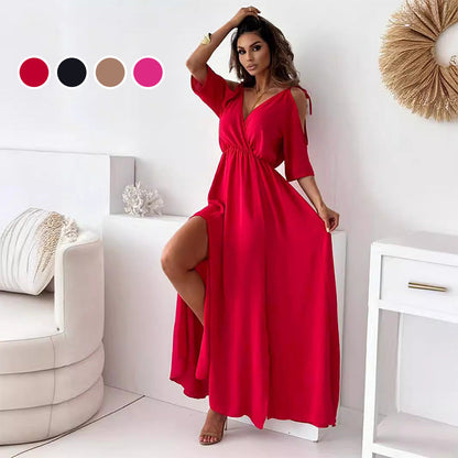 💯Elegantes, sexy Kleid mit V-Ausschnitt und Seitenschlitz für Damen