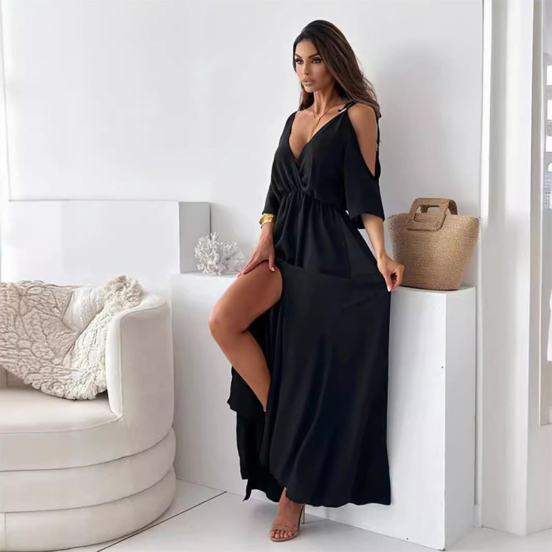 💯Elegantes, sexy Kleid mit V-Ausschnitt und Seitenschlitz für Damen