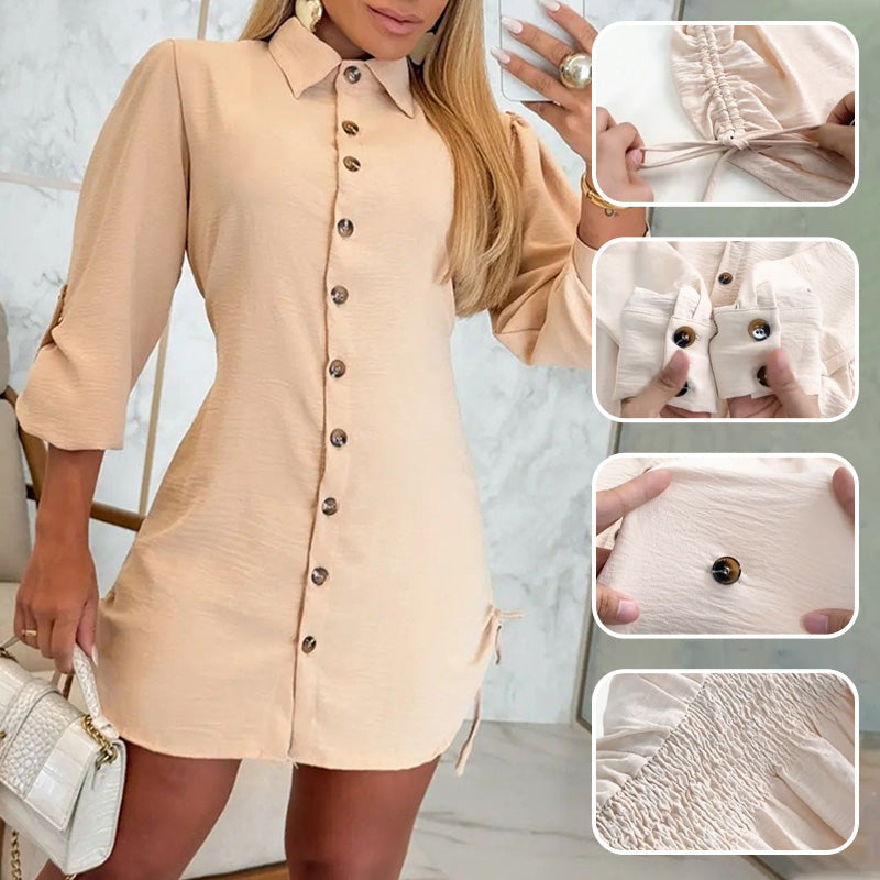 🌸Herbstschlussverkauf🌸Zeitlich begrenzt 50 % RABATT💕Frauen Herbst Mode Lange Ärmel Einfarbig Zwei Seiten Kordelzug Hemd Kleid