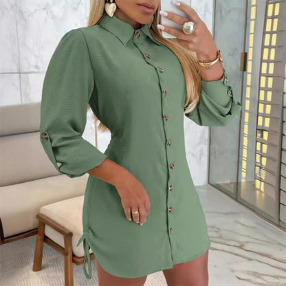 🌸Herbstschlussverkauf🌸Zeitlich begrenzt 50 % RABATT💕Frauen Herbst Mode Lange Ärmel Einfarbig Zwei Seiten Kordelzug Hemd Kleid