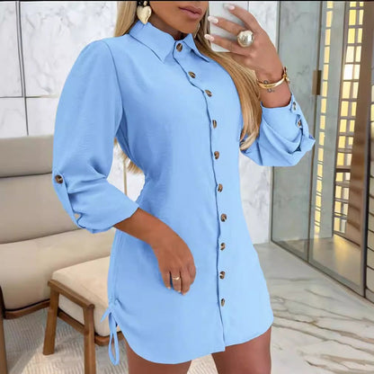 🌸Herbstschlussverkauf🌸Zeitlich begrenzt 50 % RABATT💕Frauen Herbst Mode Lange Ärmel Einfarbig Zwei Seiten Kordelzug Hemd Kleid