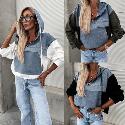 💕Black Friday Sale - 49% Rabatt💕Layered Hoodie Denim Jacket mit Kordelzug für Damen