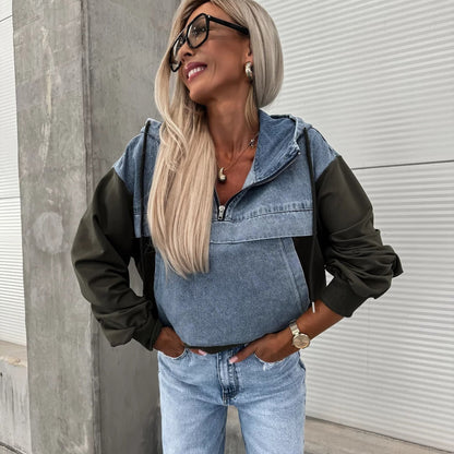 💕Black Friday Sale - 49% Rabatt💕Layered Hoodie Denim Jacket mit Kordelzug für Damen