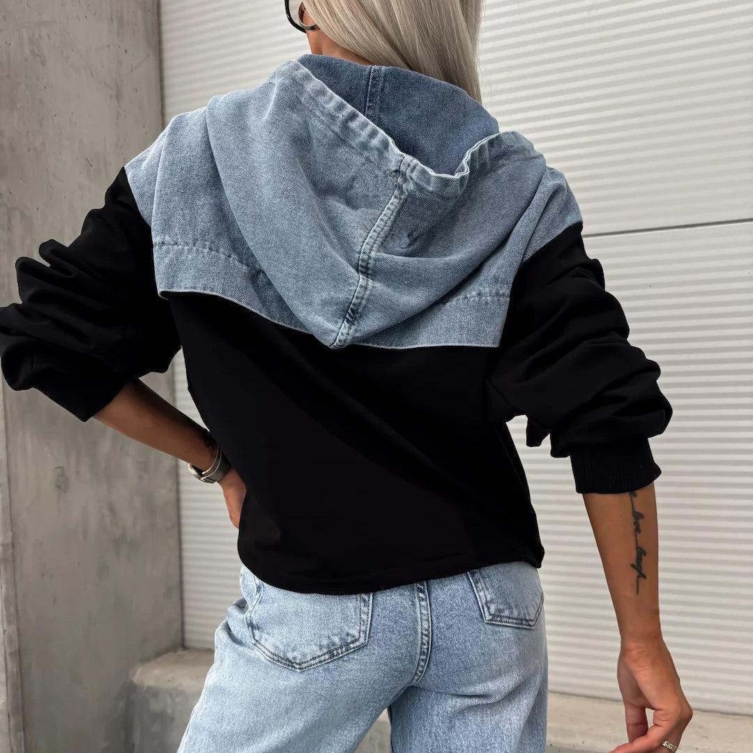 💕Black Friday Sale - 49% Rabatt💕Layered Hoodie Denim Jacket mit Kordelzug für Damen