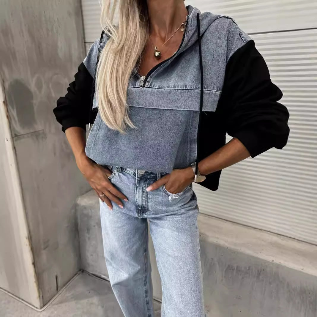 💕Black Friday Sale - 49% Rabatt💕Layered Hoodie Denim Jacket mit Kordelzug für Damen