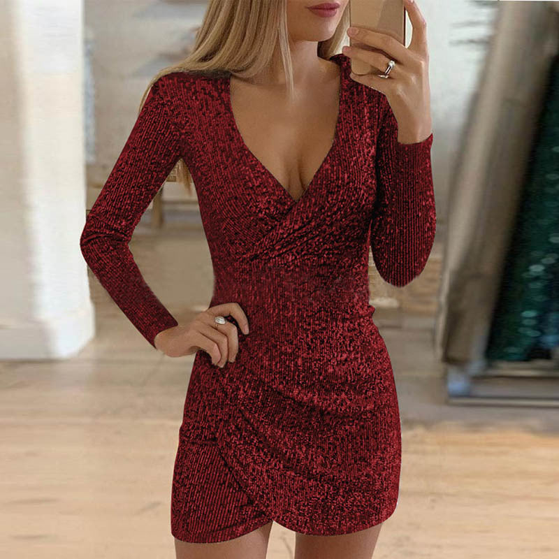 Glitzerndes Pailletten-Bodycon-Kleid mit V-Ausschnitt für Damen