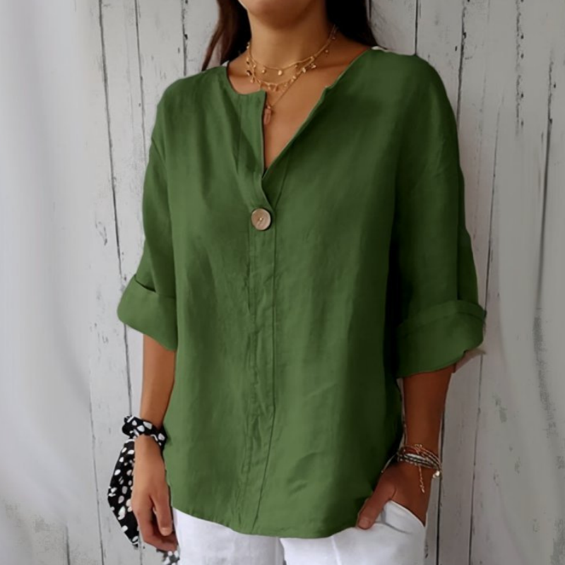 Lockeres T-Shirt aus Baumwolle und Leinen mit V-Ausschnitt für Damen