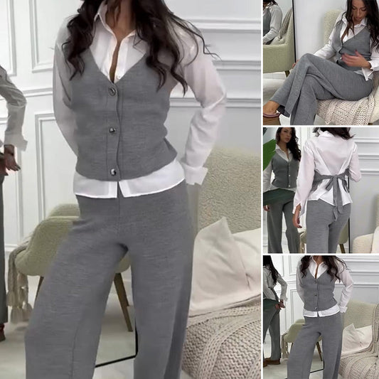 🩷Damen Set aus Hemd mit Weste in Layering-Optik und Hose