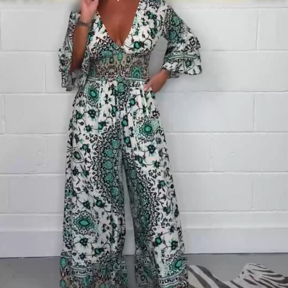 Bedruckter Jumpsuit mit V-Ausschnitt für Frauen