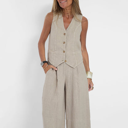 Zweiteiliges Damen-Set aus Leinenweste und weiten Hosen