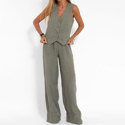 Zweiteiliges Damen-Set aus Leinenweste und weiten Hosen