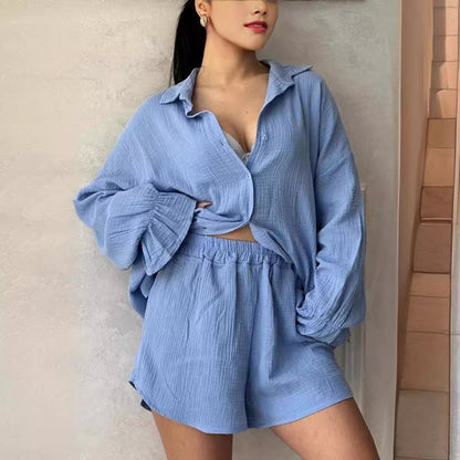 Langarmhemd mit Revers und hochtaillierte Shorts für Damen im 2er-Set