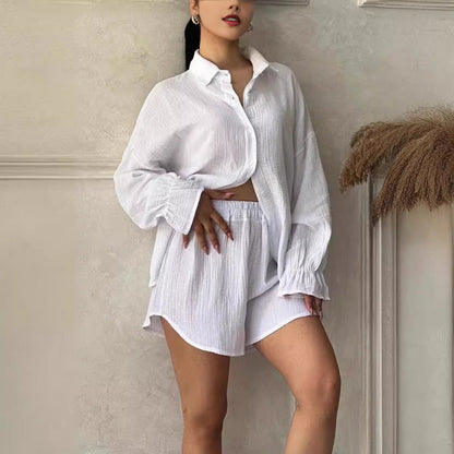 Langarmhemd mit Revers und hochtaillierte Shorts für Damen im 2er-Set