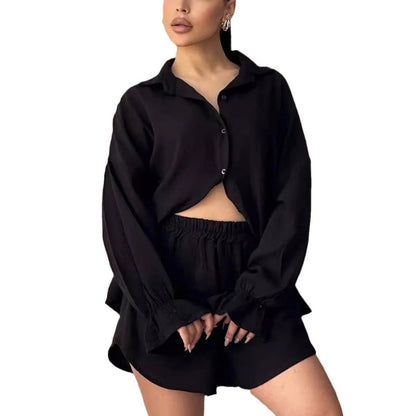 Langarmhemd mit Revers und hochtaillierte Shorts für Damen im 2er-Set
